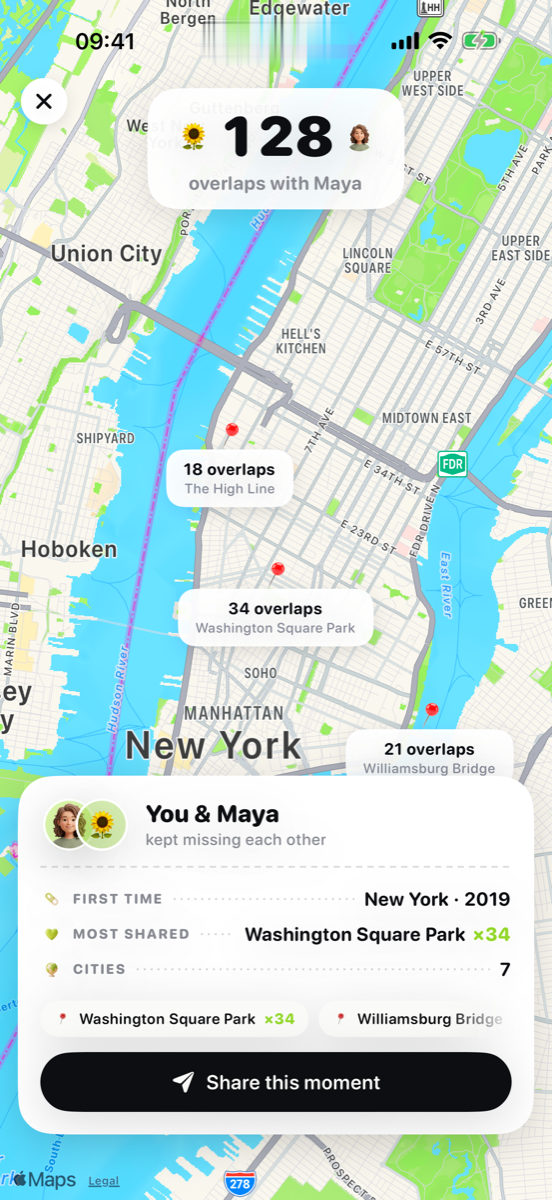 The moment a connection lands: a map of everywhere you and a friend both stood, with the first time, top spot and city count