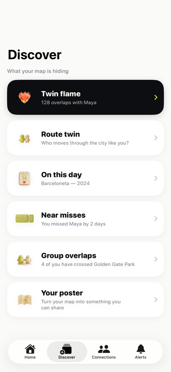 Discover screen listing twin flame, route twin, near misses and poster