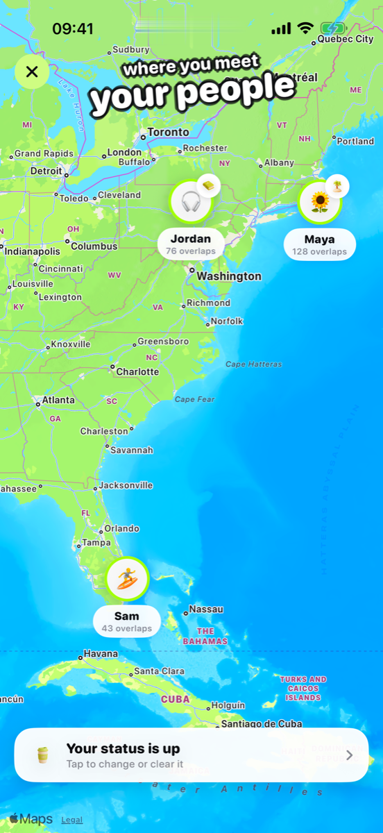 Orbit map with each connection pinned where you overlap most, showing their current status