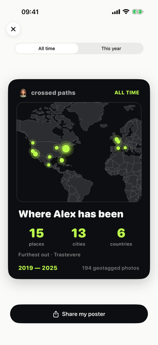 A shareable poster of visited places on a real world map
