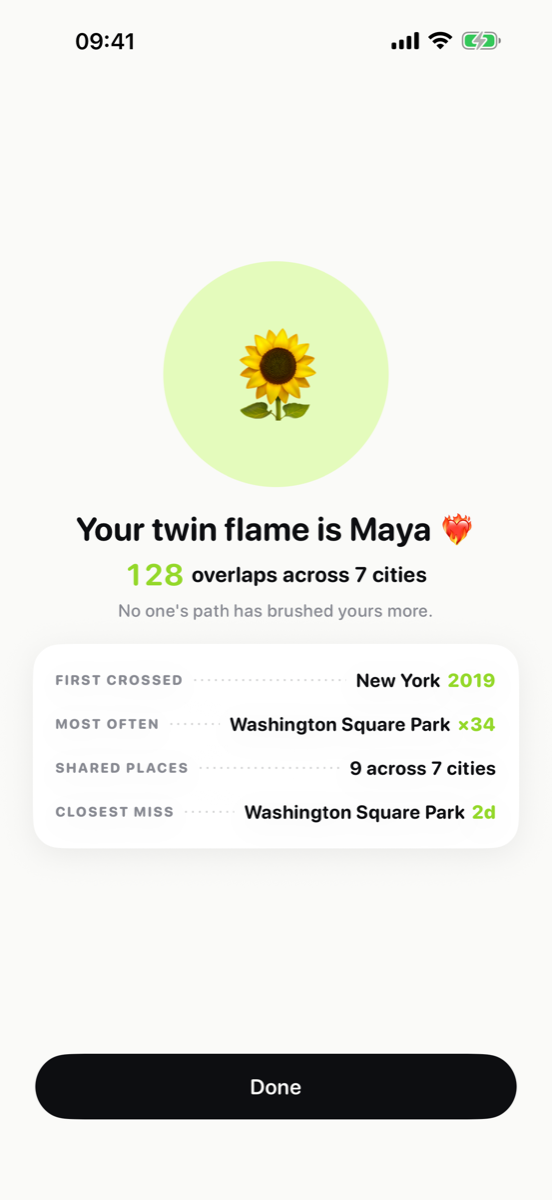 Twin flame screen naming the friend with the most overlaps, with first crossing, most-visited spot and closest near miss